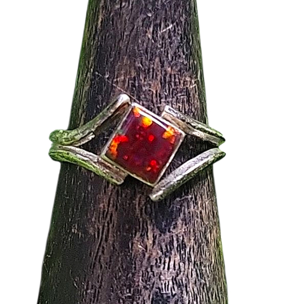 Ted Ott Sterling Silver & Red Pink Speckle Jewel Ring Mid Century Modern Vintage